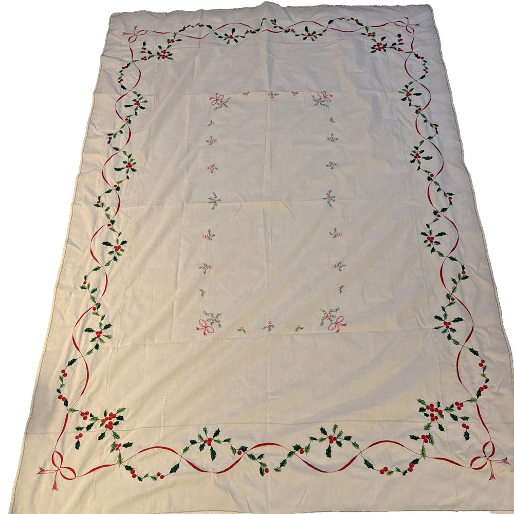 66" x 47" Christmas embroidered poinsettia tablecloth vintage Grandmacore Beige